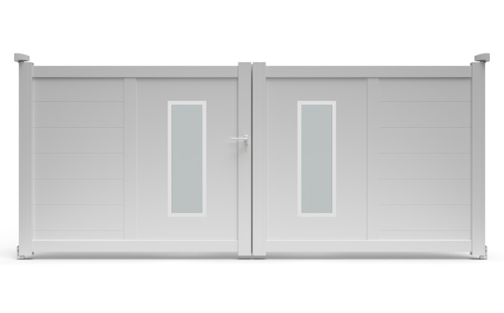 Portail aluminium design ORC à 2 vantaux battants, avec ses deux panneaux décoratifs à vitrage acrylique
