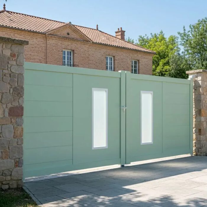 Portail aluminium ORC vert d'eau devant une maison en brique