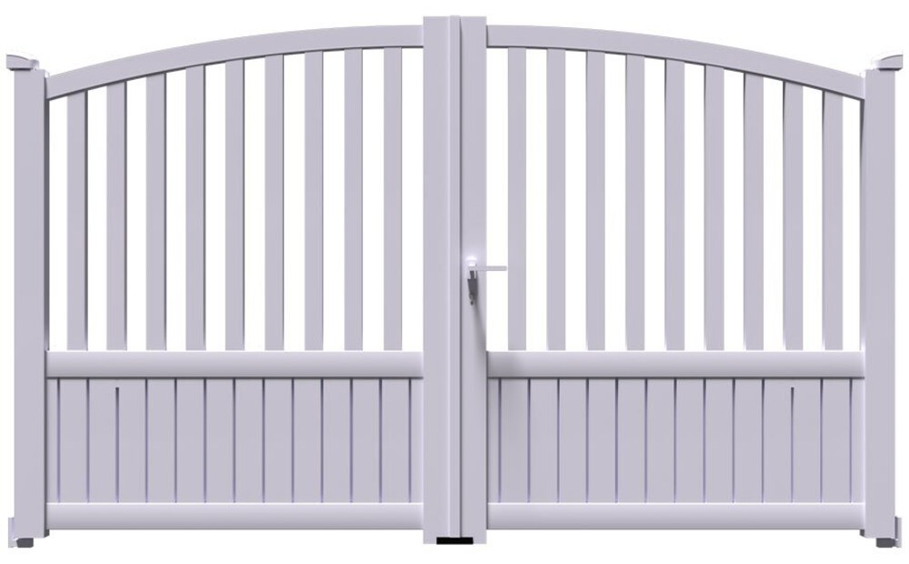 Portail aluminium PIL à 2 vantaux battants, profilé haut cintré et barreaux verticaux