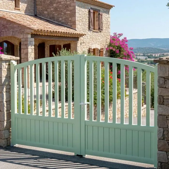 Portail aluminium PIL vert d'eau devant une maison en pierre