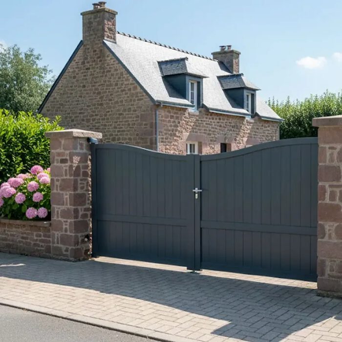 Portail aluminium PLATA gris foncé devant une maison bretonne