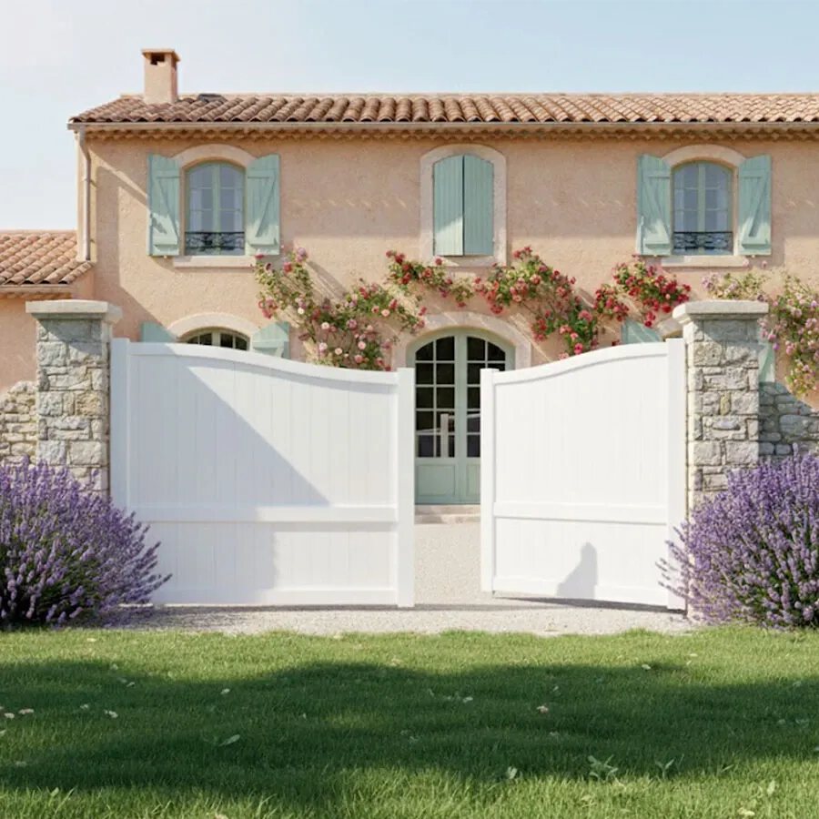 Portail aluminium PLATA blanc, les deux vantaux ouverts devant une maison provençale