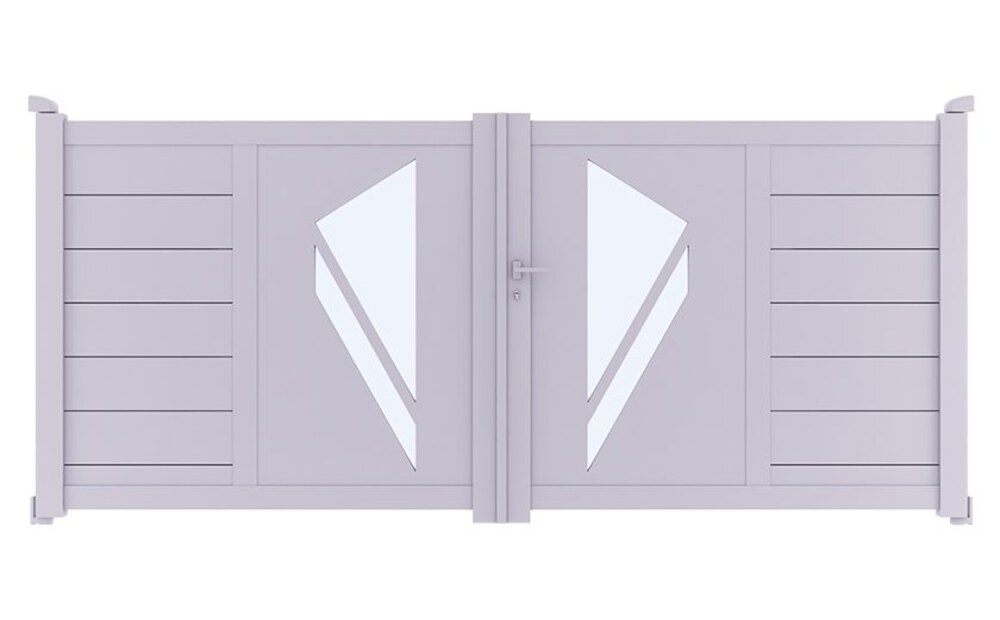 Portail aluminium PRIBI à 2 vantaux battants, avec son décor triangulaire sur les panneaux centraux