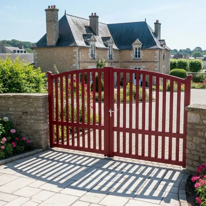 Portail aluminium ROC bordeaux devant une maison normande