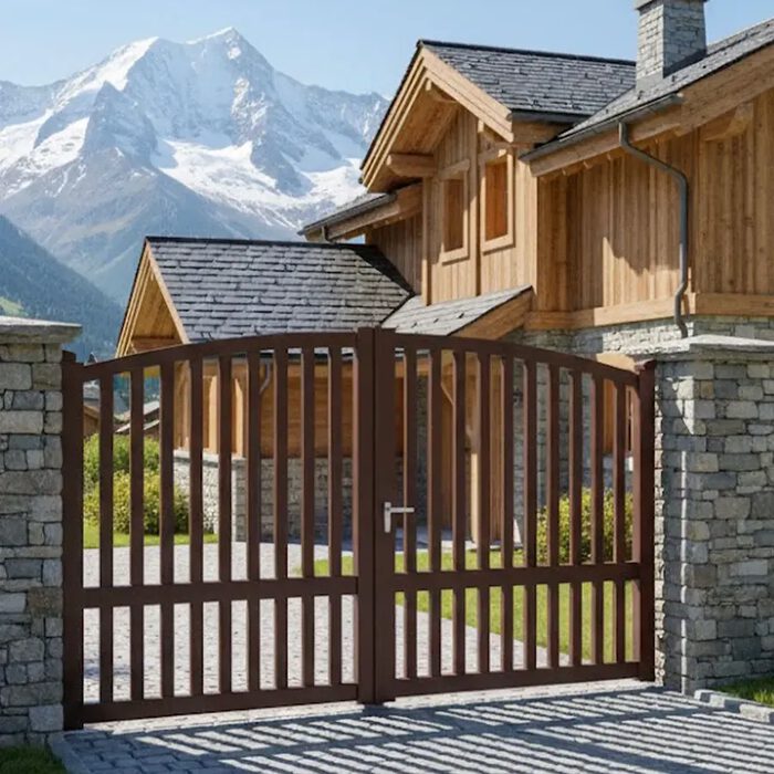Portail aluminium ROC brun devant un chalet de montagne