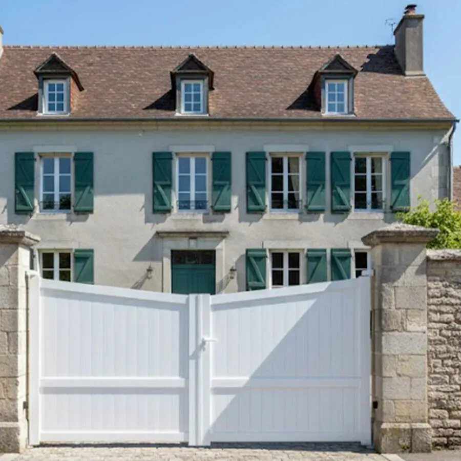 Portail aluminium ROSE blanc, les deux vantaux ouverts devant une maison ancienne