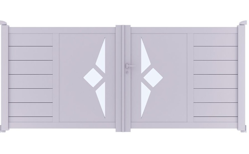 Portail aluminium design SCILL à 2 vantaux battants, avec ses losanges décoratifs sur les panneaux centraux