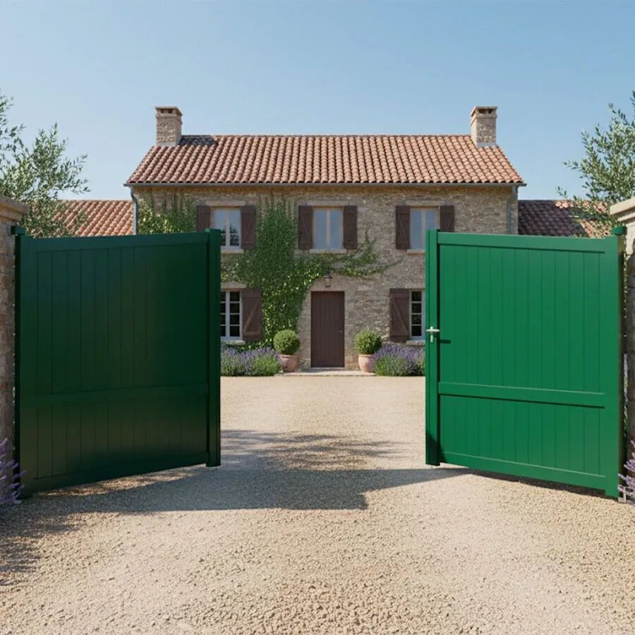 Portail aluminium SEA vert, les deux vantaux ouverts vers l'intérieur sur une allée de gravier