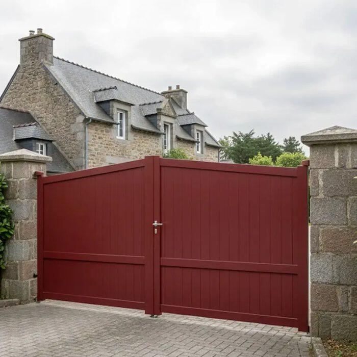 Portail aluminium SEA rouge entre deux piliers en pierre