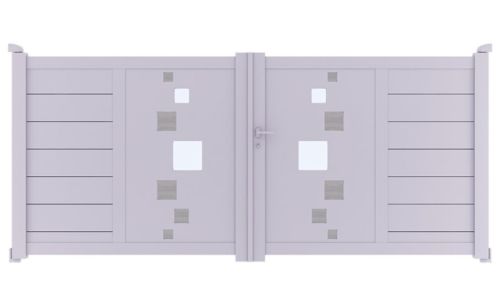 Portail aluminium design SOM à 2 vantaux battants, avec ses carrés décoratifs en dégradé