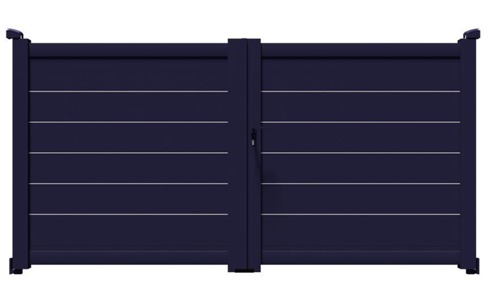 Portail aluminium TAY à 2 vantaux battants, lames horizontales et décors en aluminium brossé