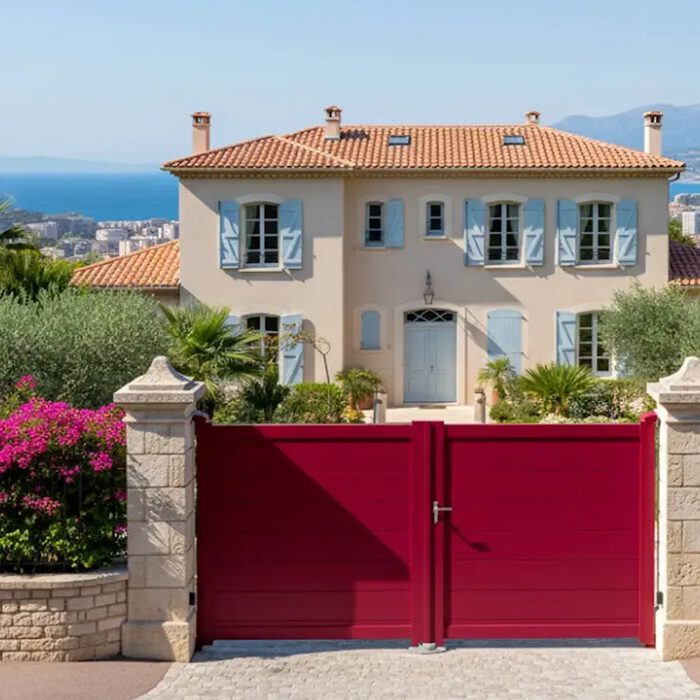 Portail aluminium TIC rouge devant une maison provençale