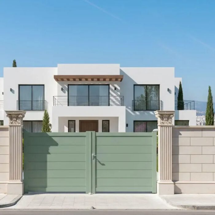 Portail aluminium TIC vert d'eau devant une maison contemporaine