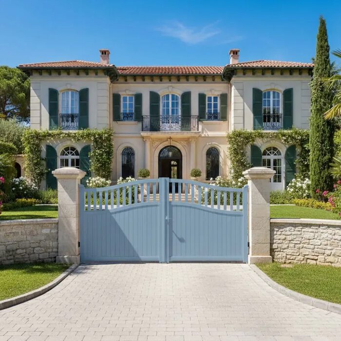 Portail aluminium TOC bleu clair devant une villa méditerranéenne
