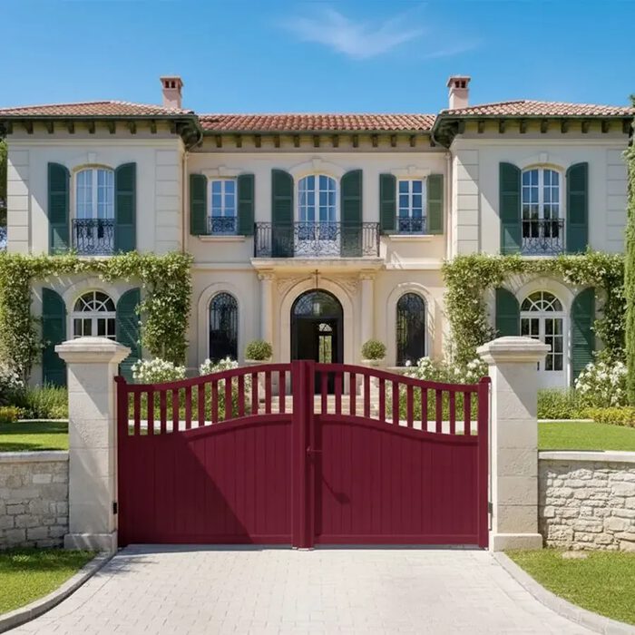 Portail aluminium TOC bordeaux devant une villa aux volets bleus