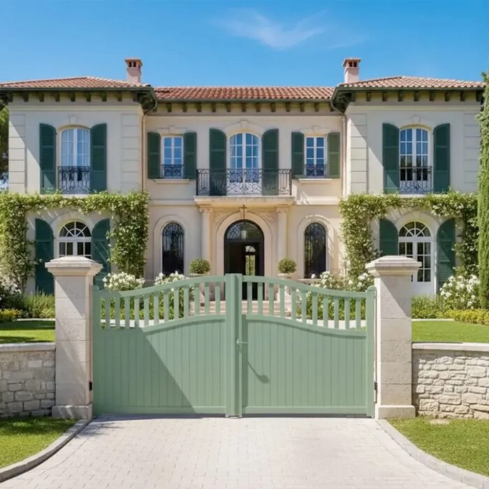 Portail aluminium TOC gris devant une villa aux cyprès