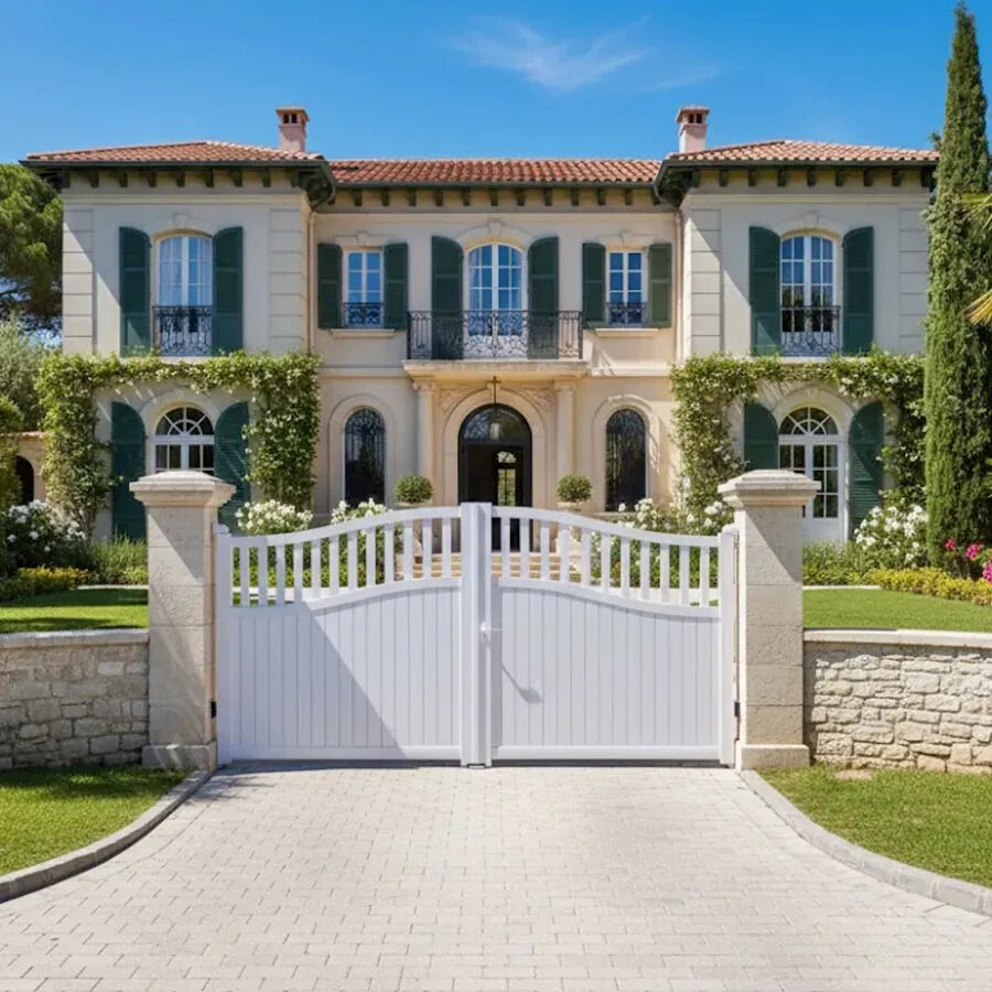 Portail aluminium TOC blanc entre deux piliers, devant une villa méditerranéenne