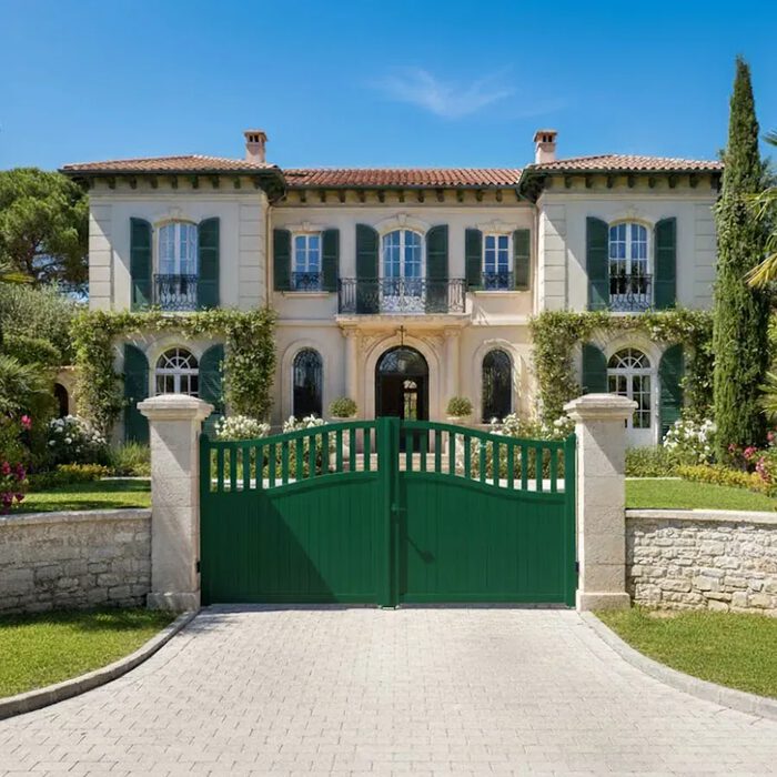 Portail aluminium TOC vert devant une villa méditerranéenne