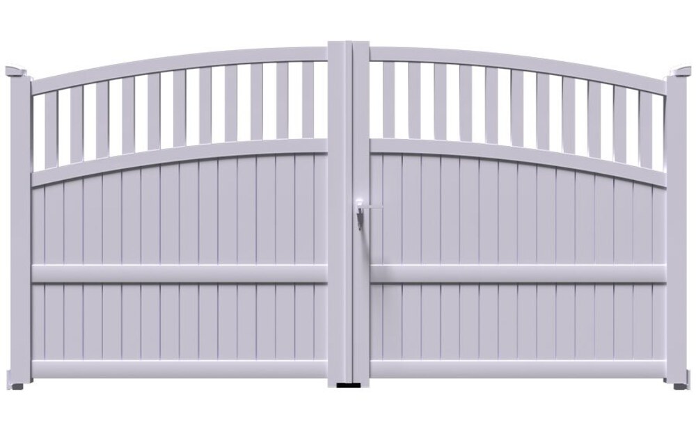 Portail aluminium TOM à 2 vantaux battants, haut cintré, barreaux verticaux et bas plein