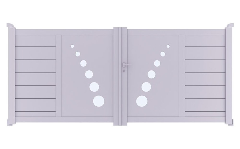 Portail aluminium design TRAI à 2 vantaux battants, avec ses ronds en dégradé sur les panneaux centraux