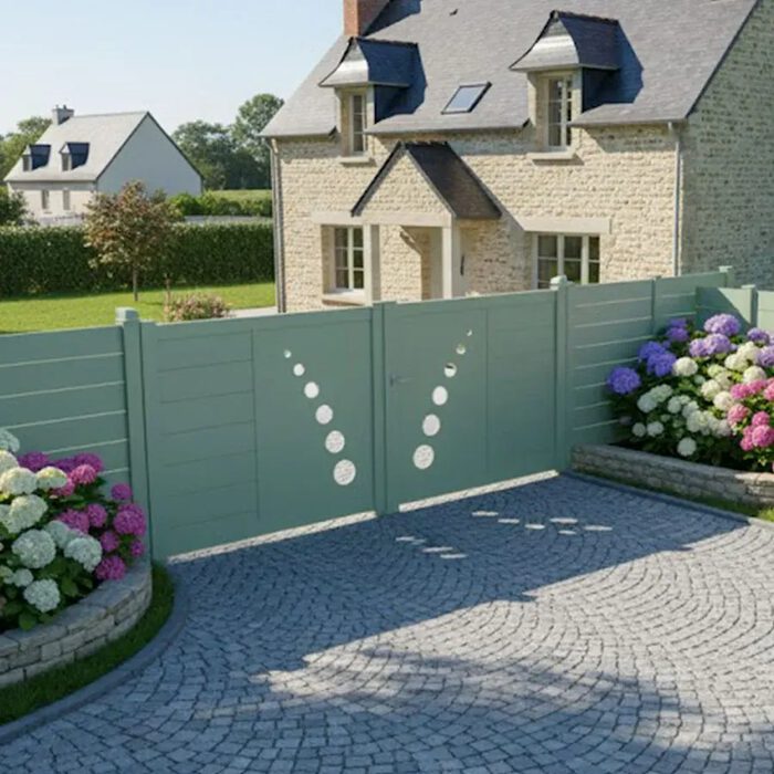 Portail aluminium TRAI vert devant une maison fleurie