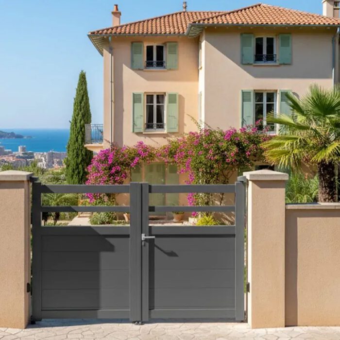 Portail aluminium TROM gris anthracite devant une villa méditerranéenne