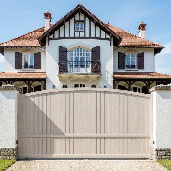 Portail coulissant ADRI beige devant une maison basque