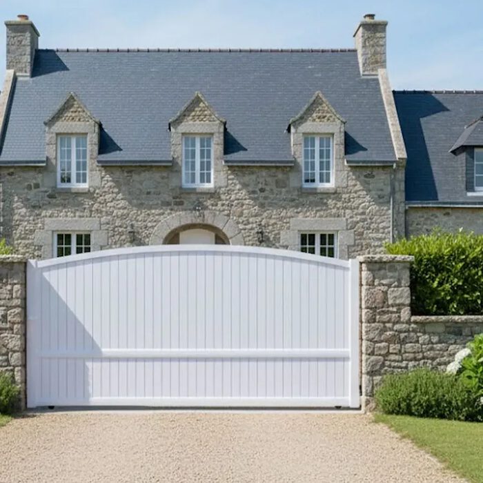 Portail coulissant ADRI blanc devant une maison bretonne