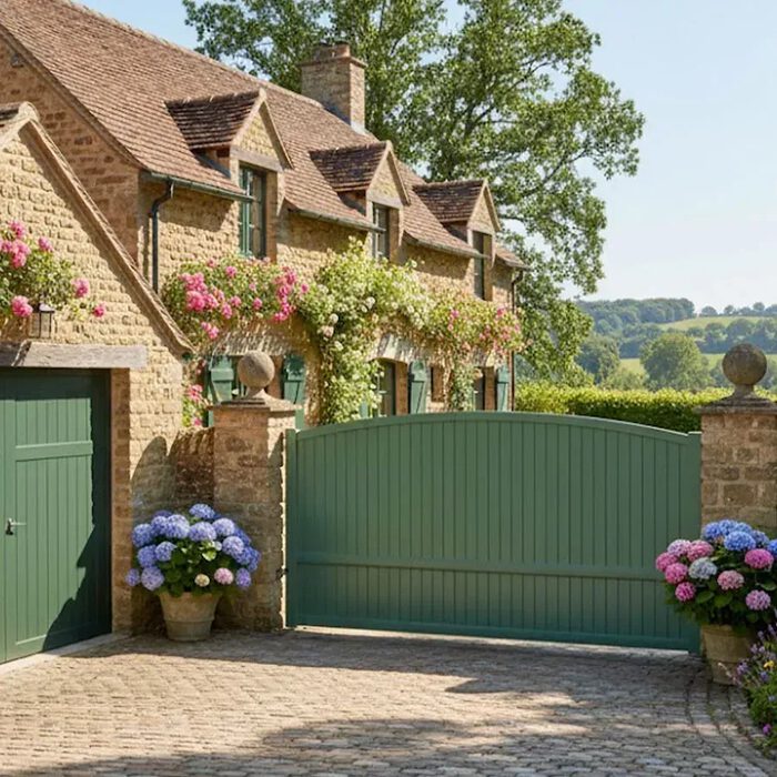 Portail coulissant ADRI vert devant un cottage en pierre