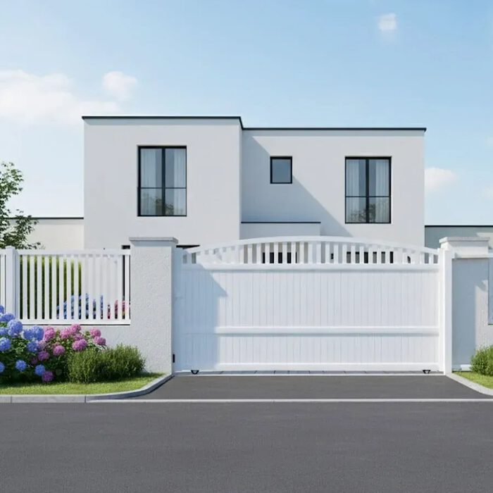Portail coulissant ARA blanc devant une maison contemporaine