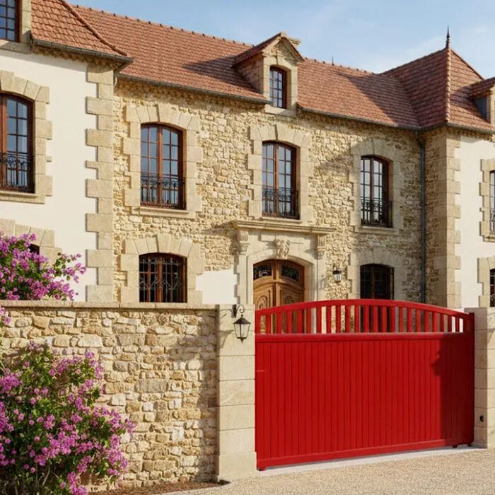Portail coulissant ARA rouge devant une maison en pierre