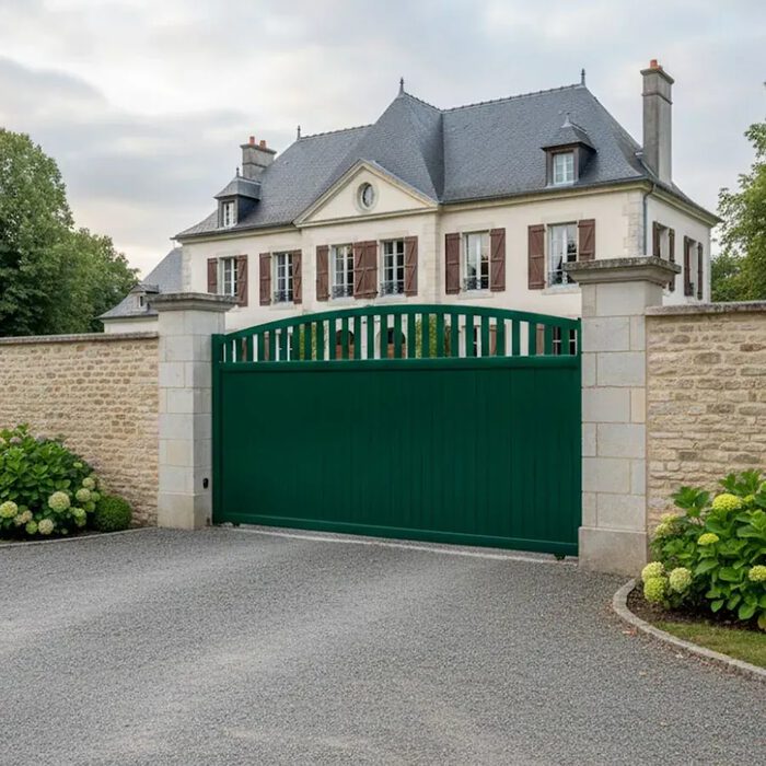 Portail coulissant ARA vert devant un manoir