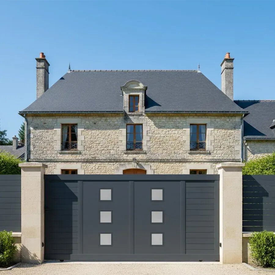 Portail coulissant ARSE gris anthracite devant une maison bourgeoise en pierre