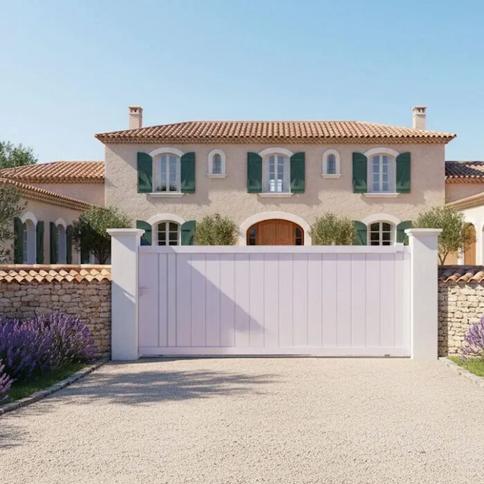 Portail coulissant BAFFIN blanc devant une bastide