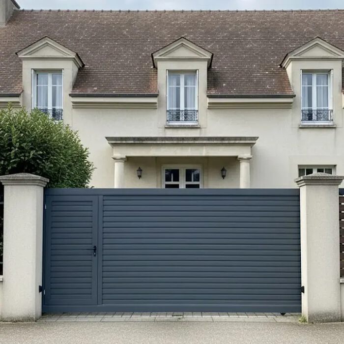 Portail coulissant BAGO gris anthracite devant une maison bourgeoise