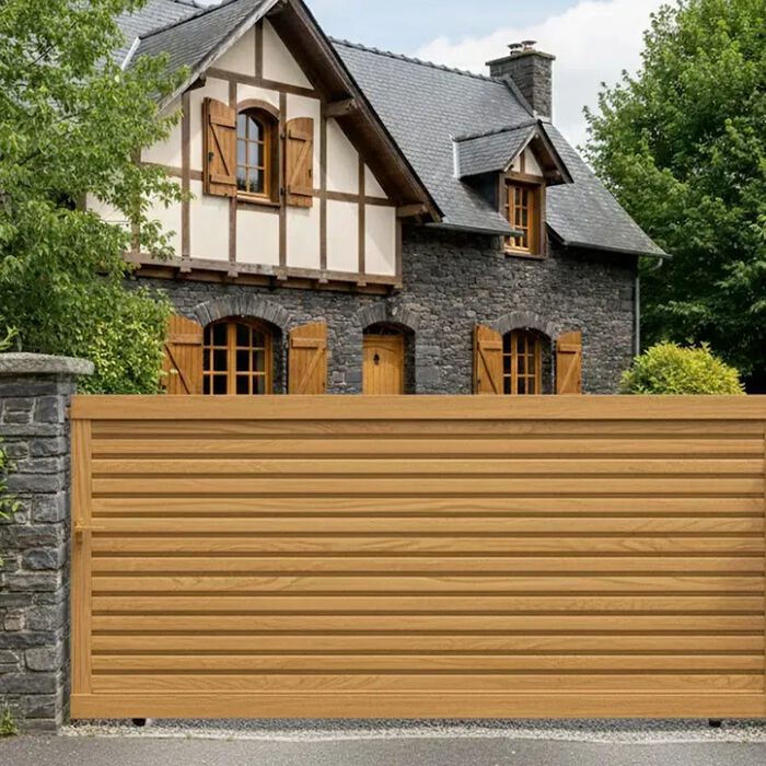 Portail coulissant BAGO finition chêne doré devant une maison à colombages
