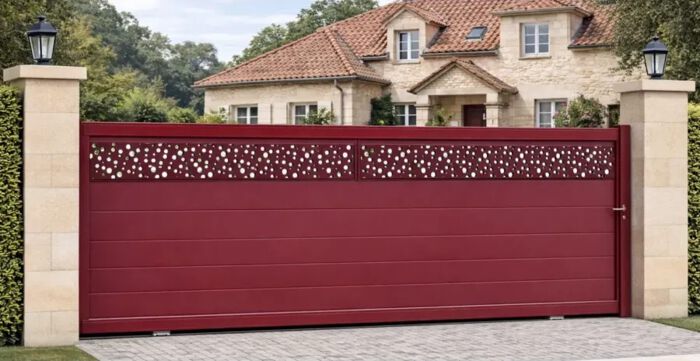 Portail coulissant BALERE rouge bordeaux devant une maison