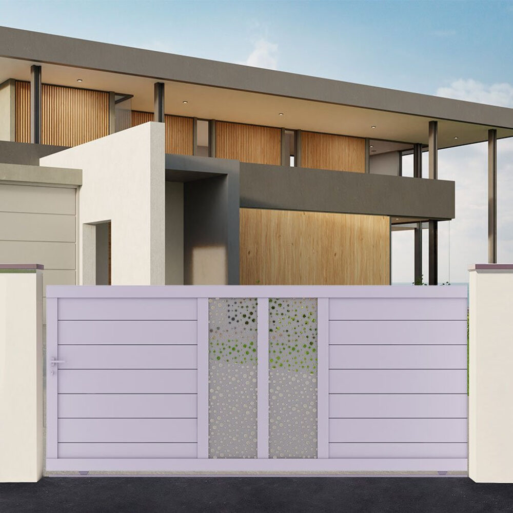 Portail coulissant aluminium moderne BARBUDA à lames horizontales et panneaux décoratifs, vue extérieure