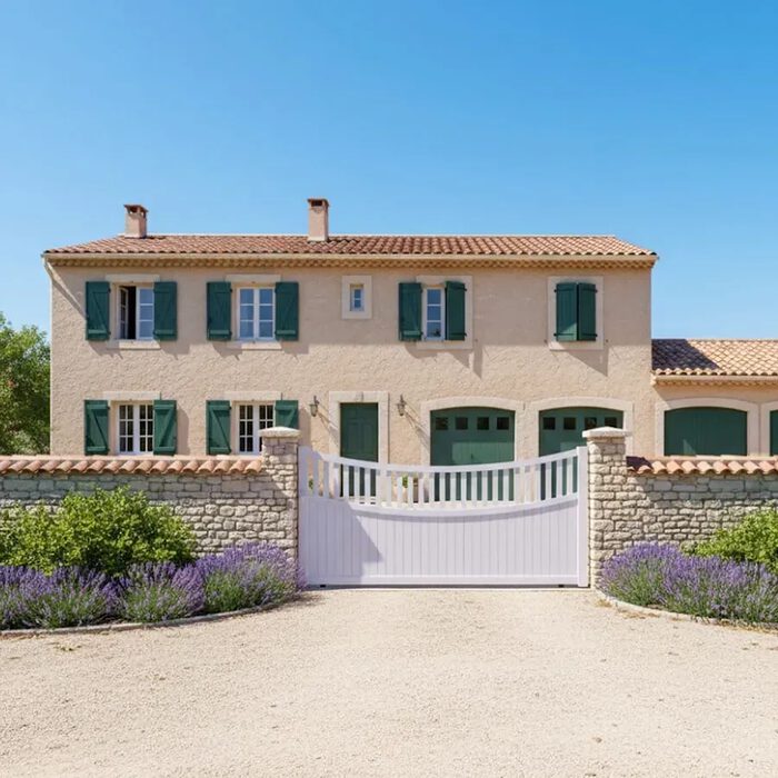 Portail coulissant BEN blanc devant une maison provençale