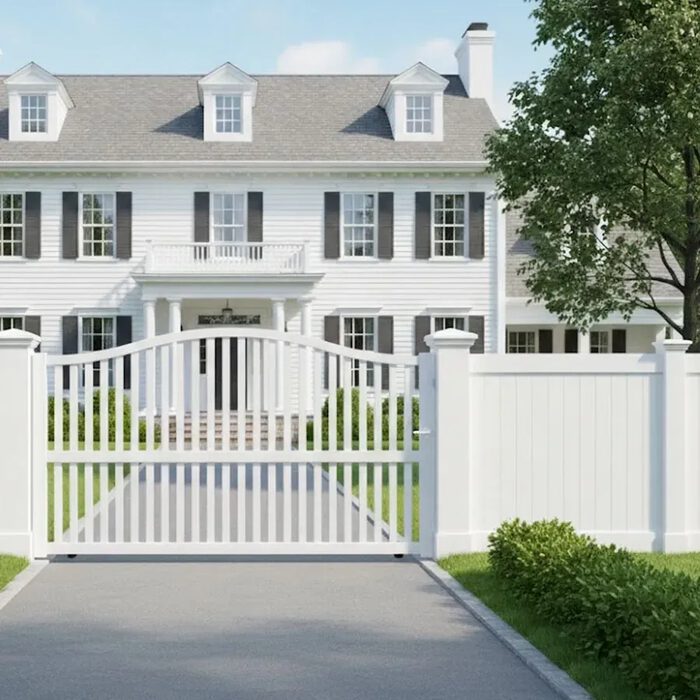 Portail coulissant BERI blanc devant une maison coloniale