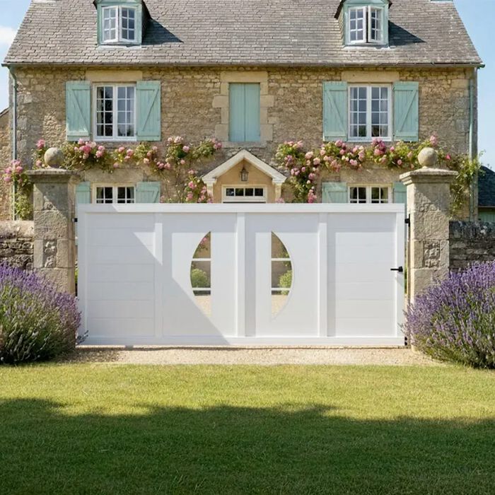 Portail coulissant BYL blanc devant une maison en pierre
