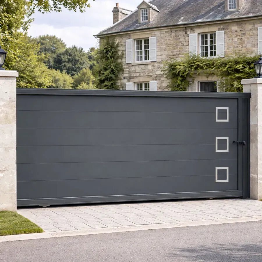 Portail coulissant aluminium CLAVER gris anthracite plein, lames horizontales et carrés décoratifs, vue extérieure