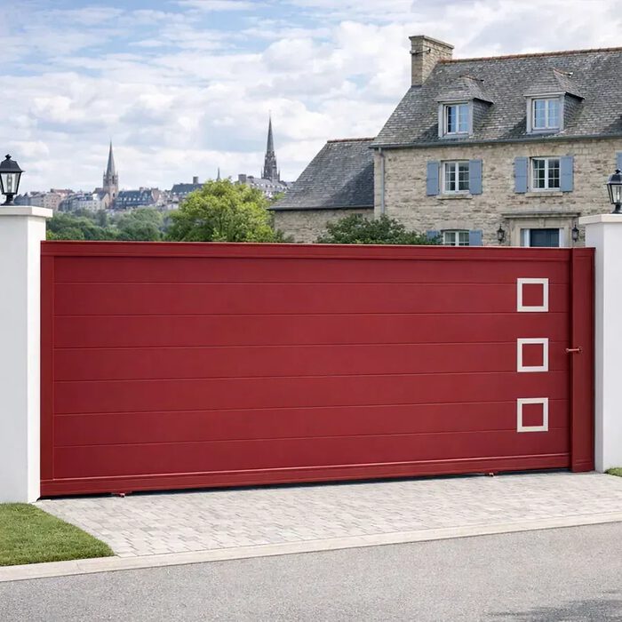 Portail coulissant CLAVER rouge devant une maison bretonne