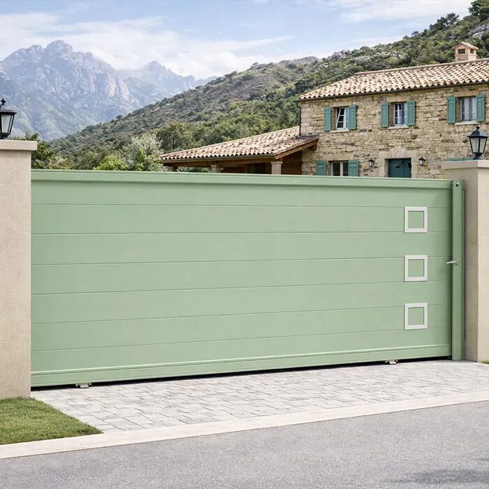 Portail coulissant CLAVER vert pâle devant une maison de montagne