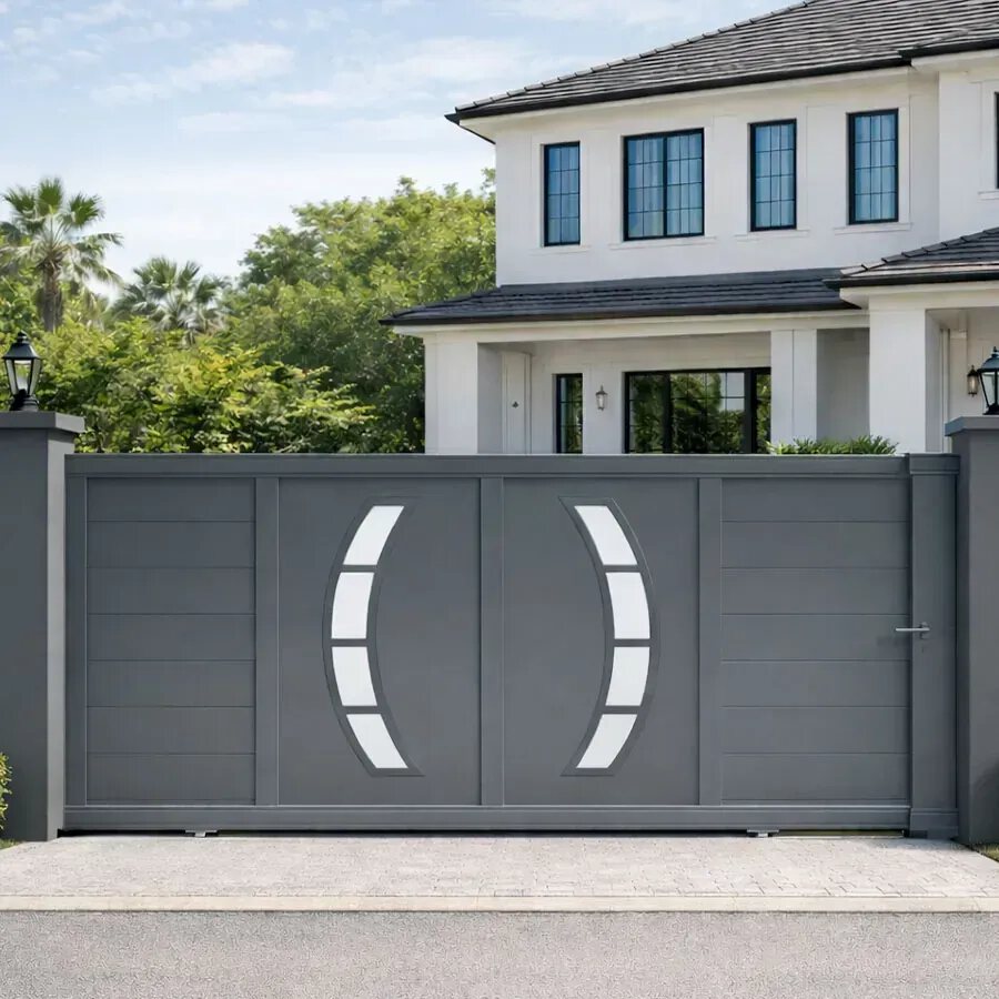 Portail coulissant DALL gris anthracite devant une maison contemporaine