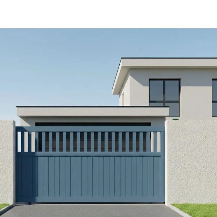 Portail coulissant DEL bleu devant une maison moderne
