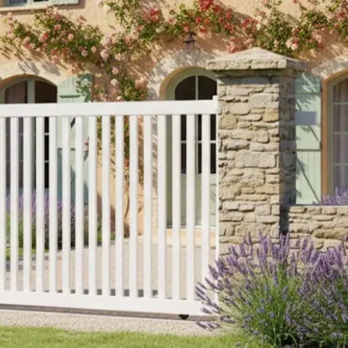 Portail coulissant DEN blanc devant une maison provençale
