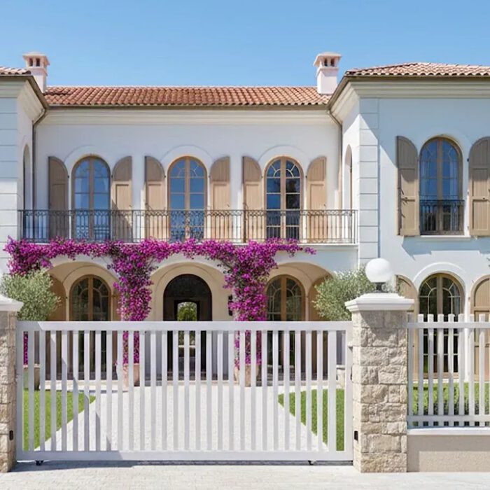 Portail coulissant DEN blanc devant une villa méditerranéenne