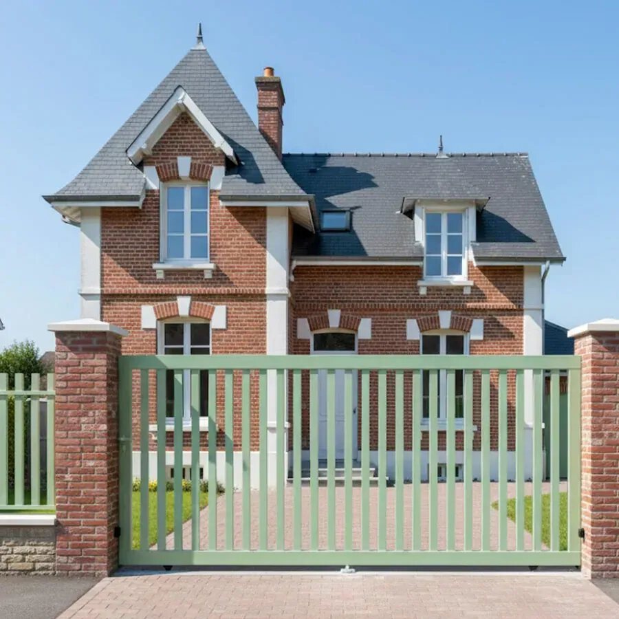 Portail coulissant DEN vert pâle devant une maison en briques