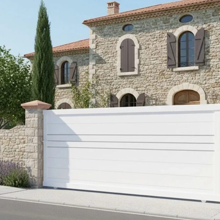 Portail coulissant DEVON blanc devant une bastide